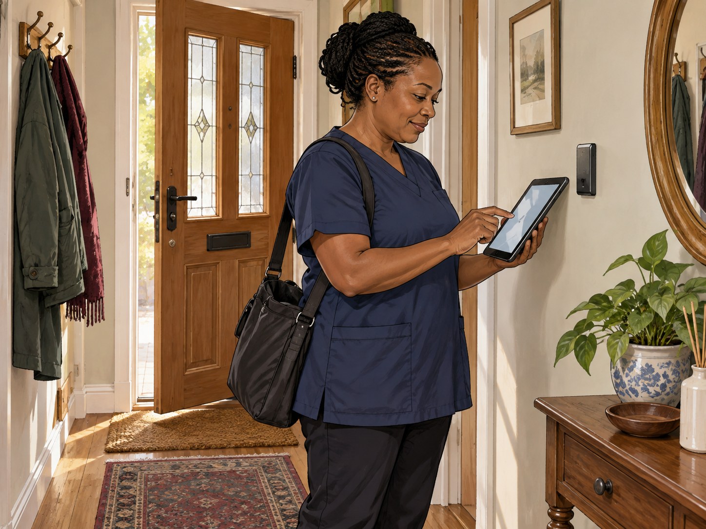 The caregiver signs in
